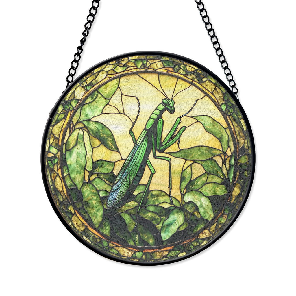 Praying Mantis Stained Glass Window Hanging – Detailed Nature Art with Green Leaves