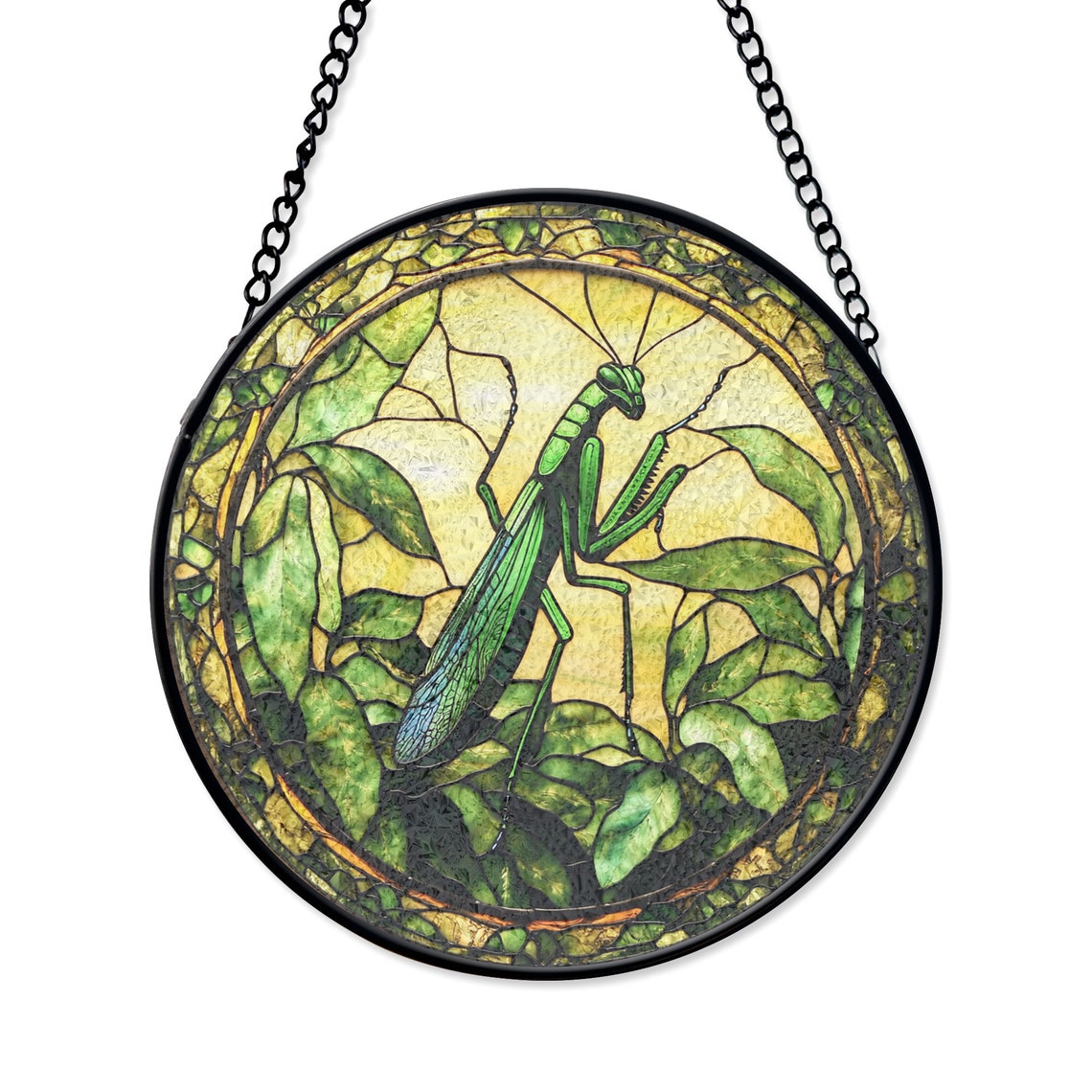 Praying Mantis Stained Glass Window Hanging – Detailed Nature Art with Green Leaves