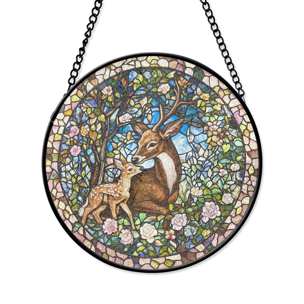 Deer and Fawn Stained Glass Suncatcher – Woodland Animal Window Decor