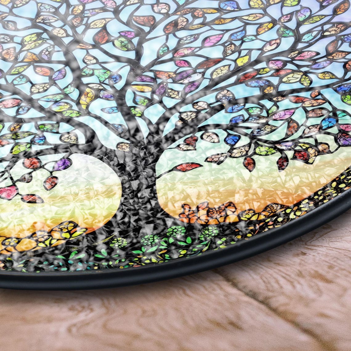 Tree of Life Stained Glass Window Hanging – Multicolored Leaves & Sunset
