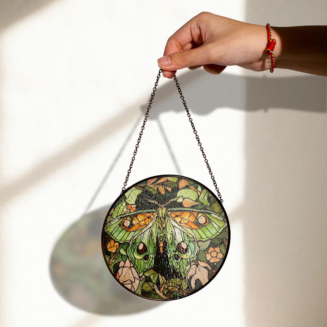 Stained Glass Moth Panel – Lush Green & Orange Nature Window or Wall Decor