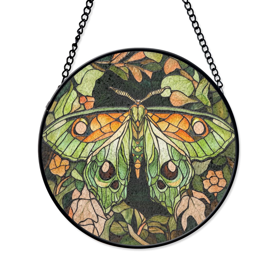 Stained Glass Moth Panel – Lush Green & Orange Nature Window or Wall Decor