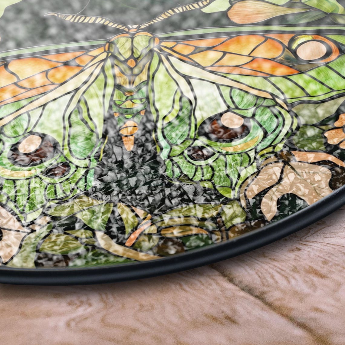 Stained Glass Moth Panel – Lush Green & Orange Nature Window or Wall Decor