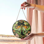 Stained Glass Moth Panel – Lush Green & Orange Nature Window or Wall Decor