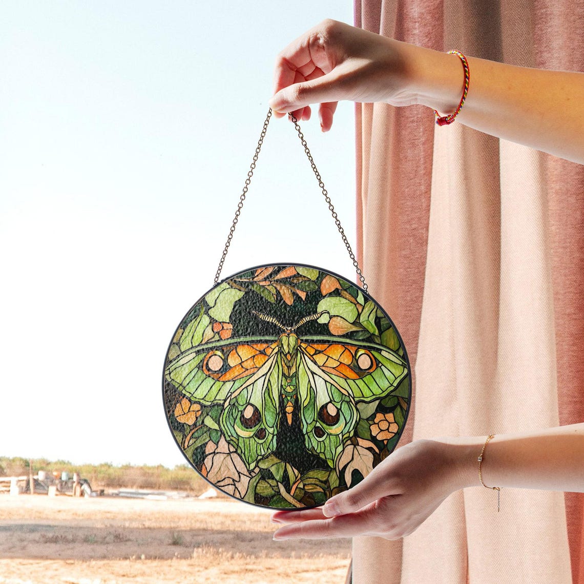 Stained Glass Moth Panel – Lush Green & Orange Nature Window or Wall Decor