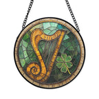 Irish Harp Stained Glass Suncatcher – Celtic Music Window Decor with Shamrock