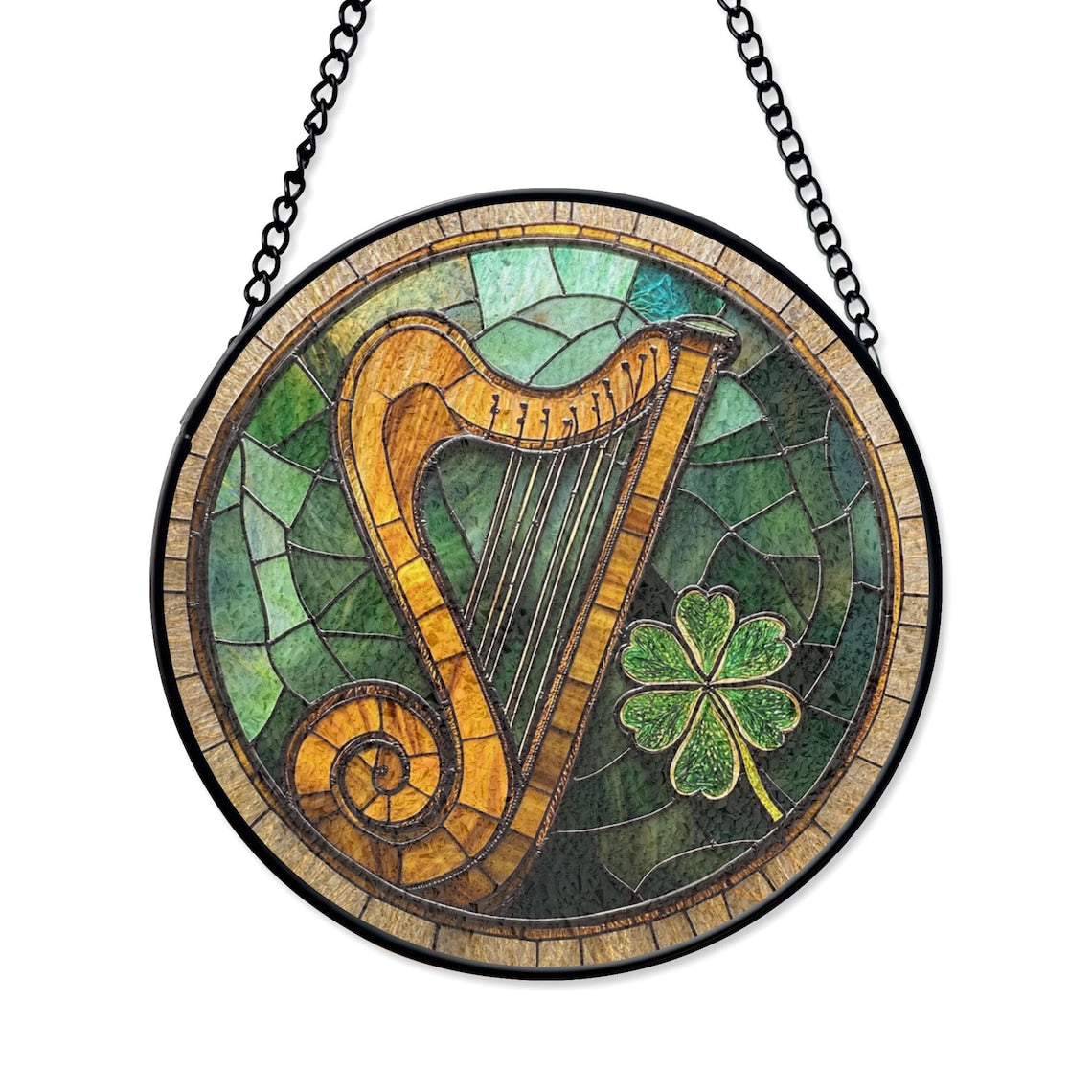 Irish Harp Stained Glass Suncatcher – Celtic Music Window Decor with Shamrock