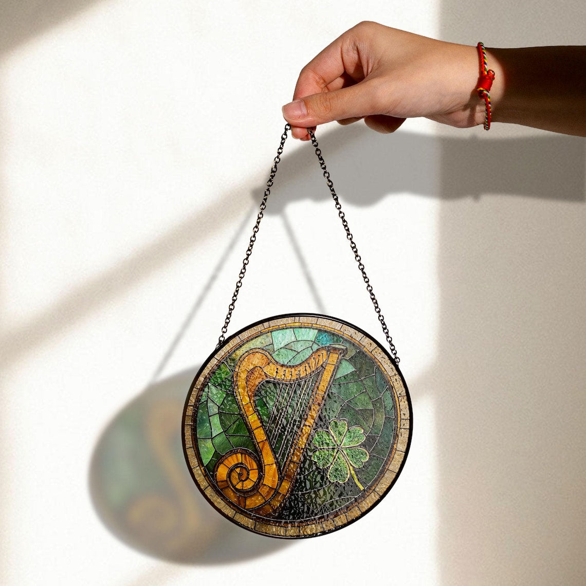 Irish Harp Stained Glass Suncatcher – Celtic Music Window Decor with Shamrock