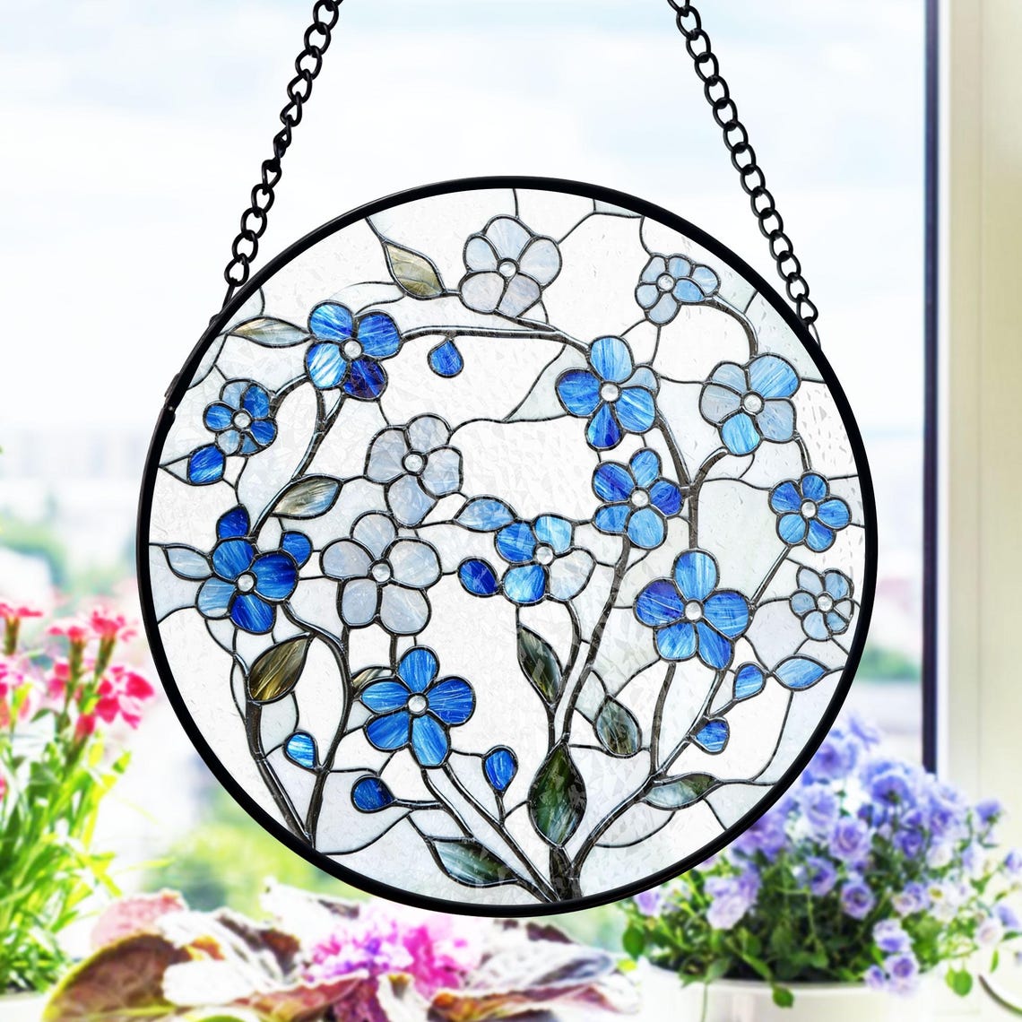 Forget?Me?Not Stained Glass Suncatcher – Blue Floral Window Hanging