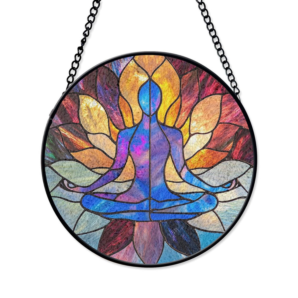 Yoga Stained Glass Suncatcher – Lotus Meditation Window Hanging, Chakra Decor