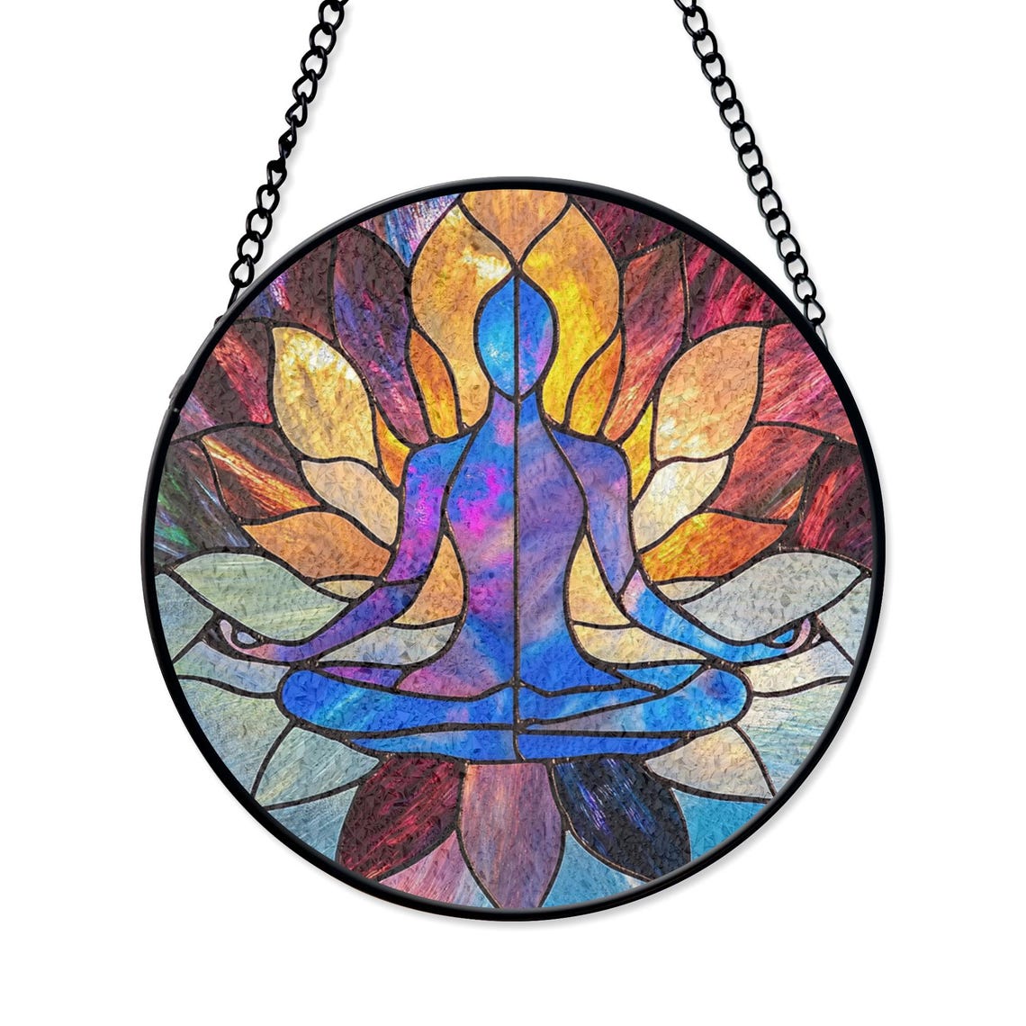 Yoga Stained Glass Suncatcher – Lotus Meditation Window Hanging, Chakra Decor