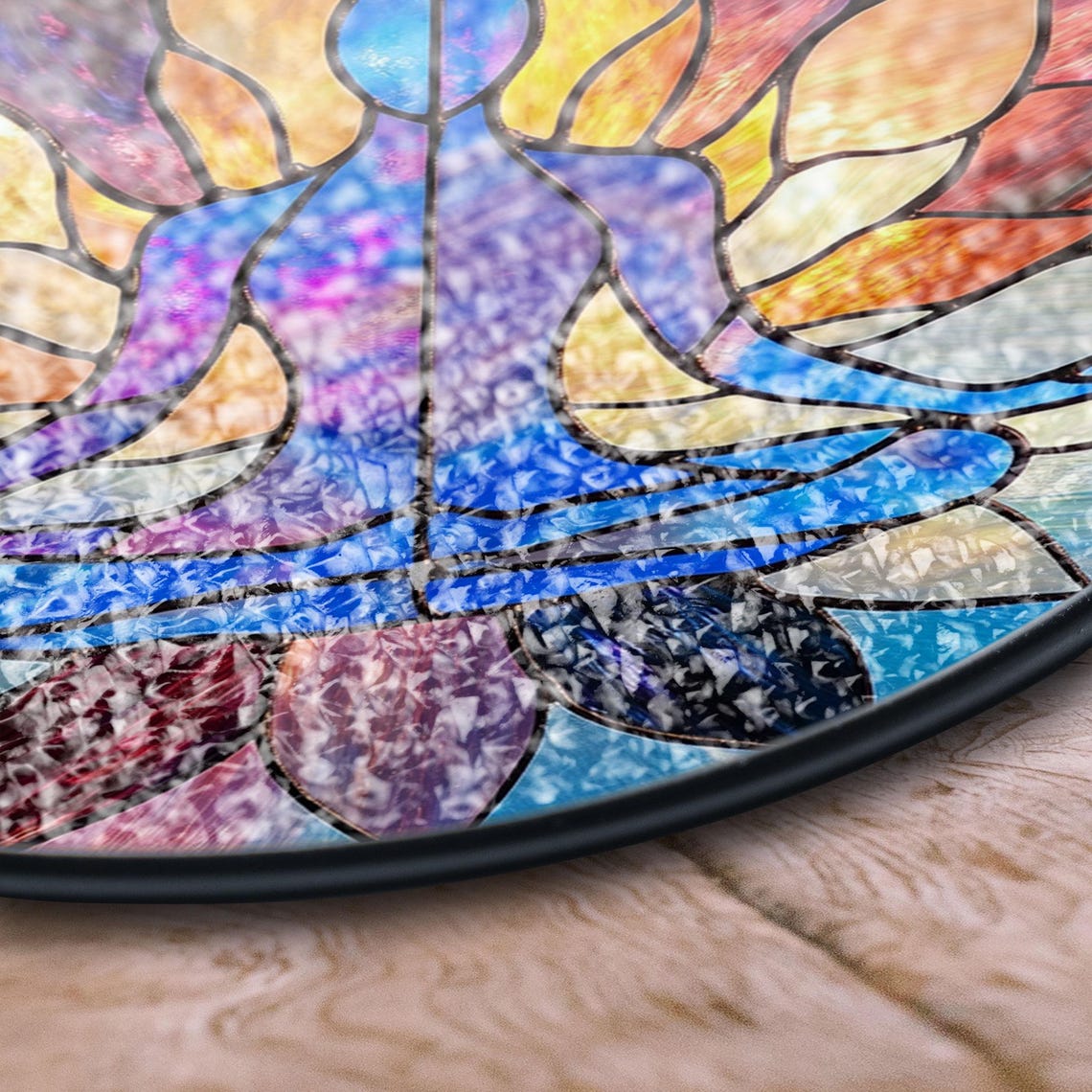 Yoga Stained Glass Suncatcher – Lotus Meditation Window Hanging, Chakra Decor