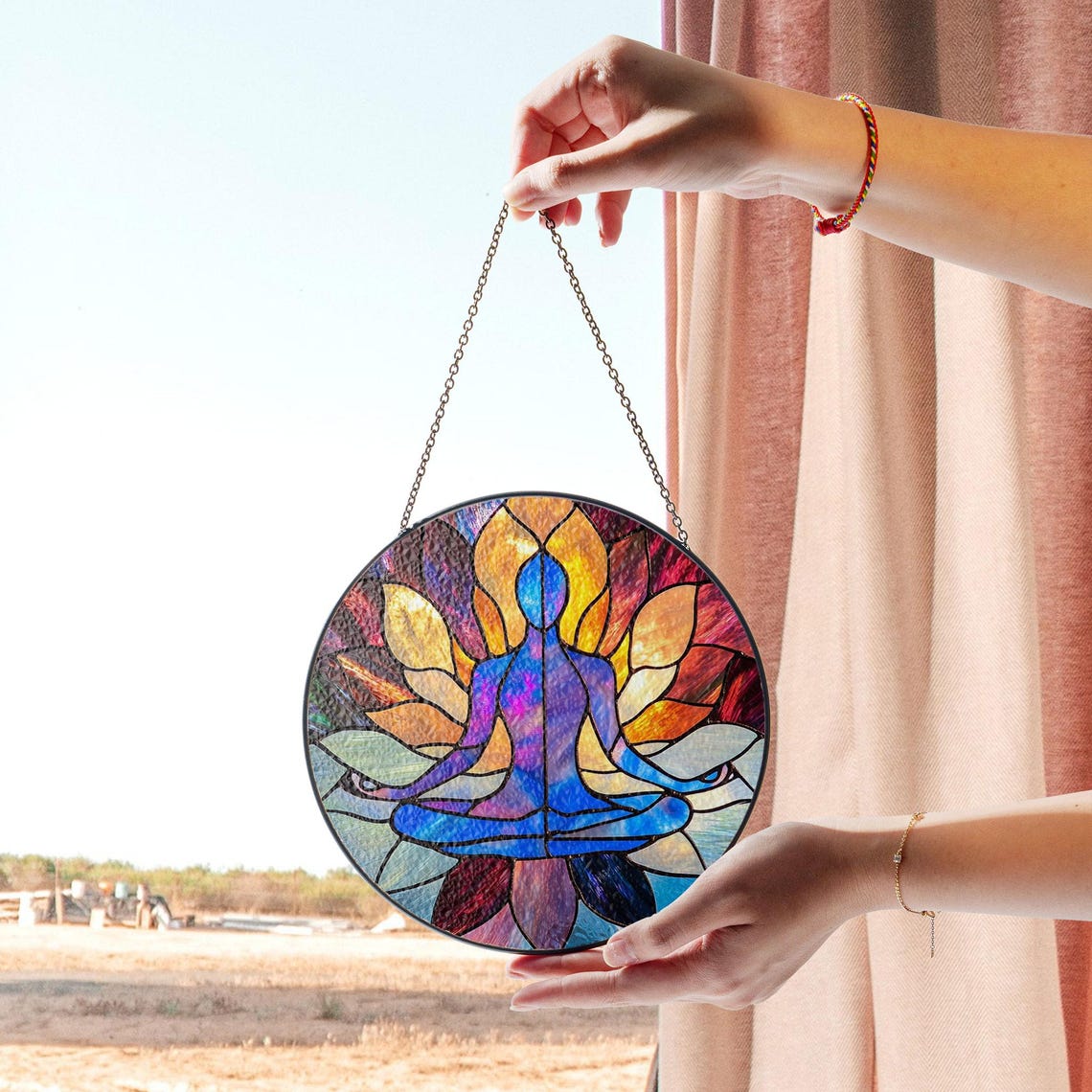 Yoga Stained Glass Suncatcher – Lotus Meditation Window Hanging, Chakra Decor