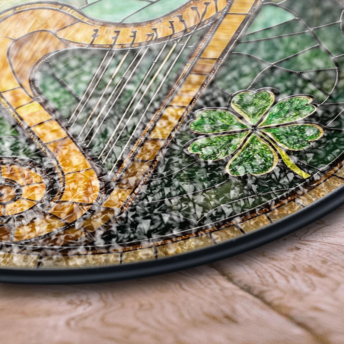 Irish Harp Stained Glass Suncatcher – Celtic Music Window Decor with Shamrock