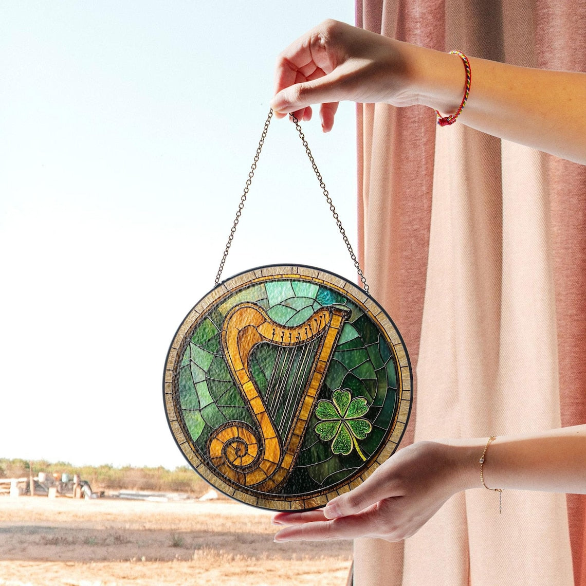 Irish Harp Stained Glass Suncatcher – Celtic Music Window Decor with Shamrock
