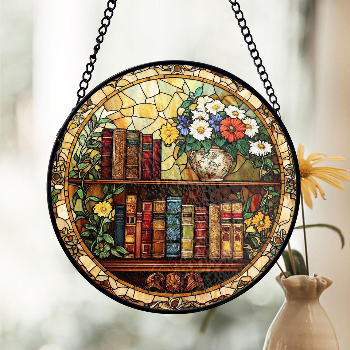 Bookshelf Stained Glass Suncatcher – Library Decor