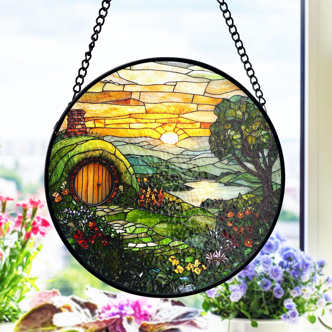 Hobbit House Stained Glass Suncatcher – Whimsical Shire-Inspired Window Decor