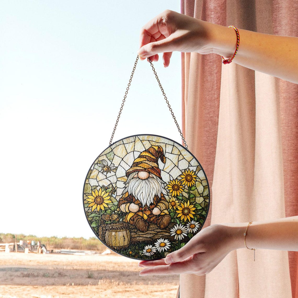 Gnome Stained Glass Suncatcher – Sunflower Garden