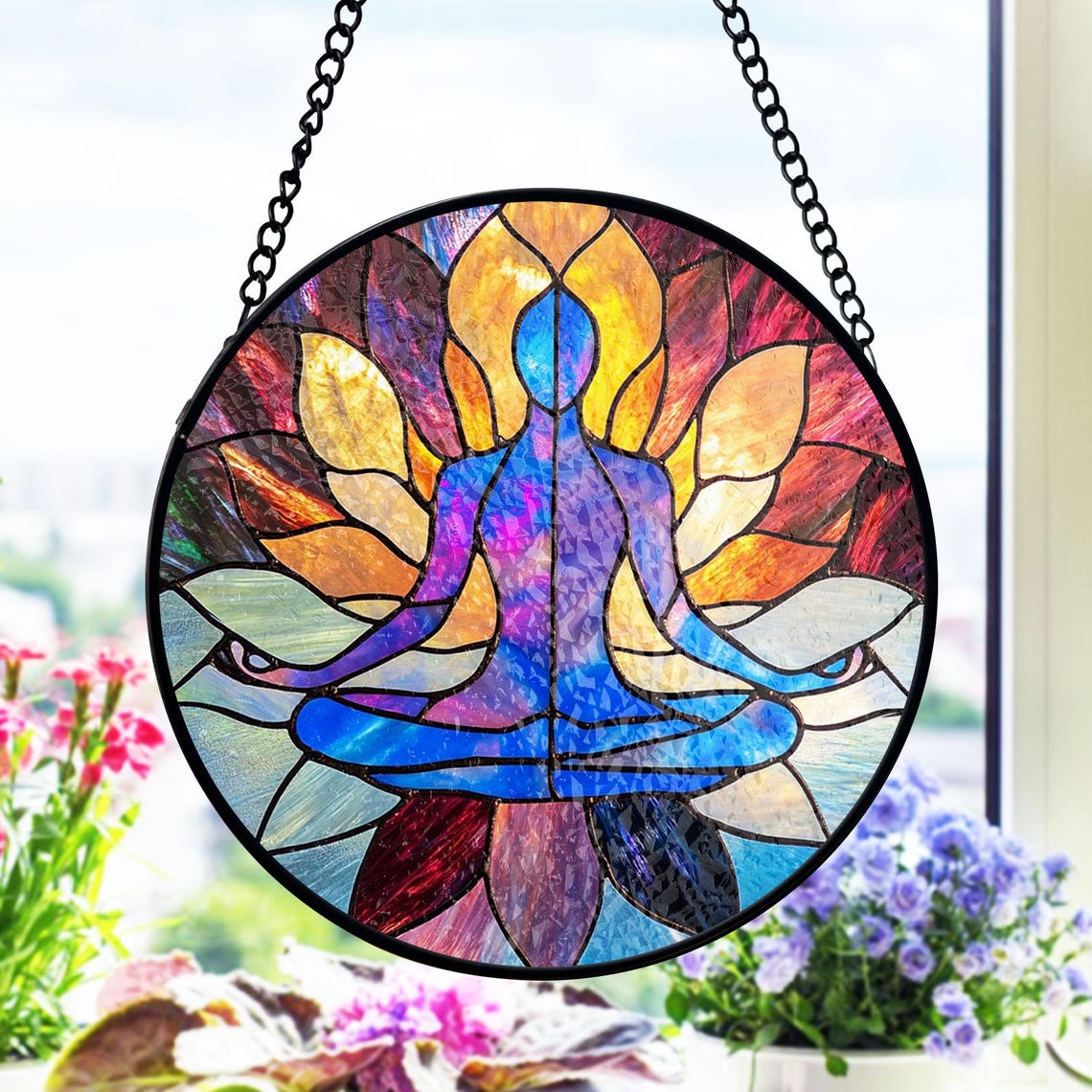 Yoga Stained Glass Suncatcher – Lotus Meditation Window Hanging, Chakra Decor