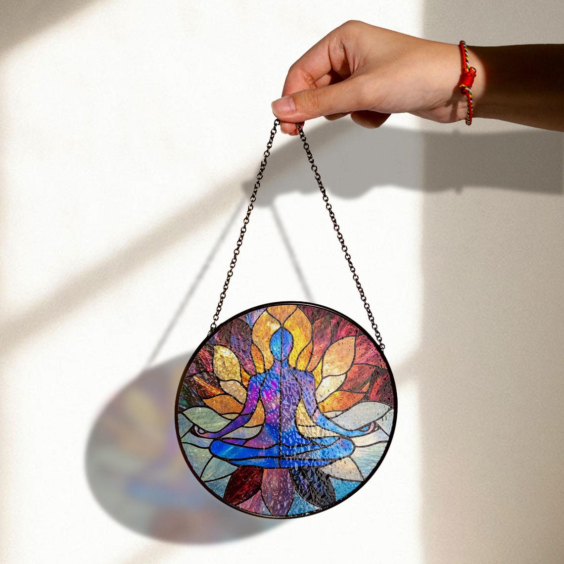 Yoga Stained Glass Suncatcher – Lotus Meditation Window Hanging, Chakra Decor