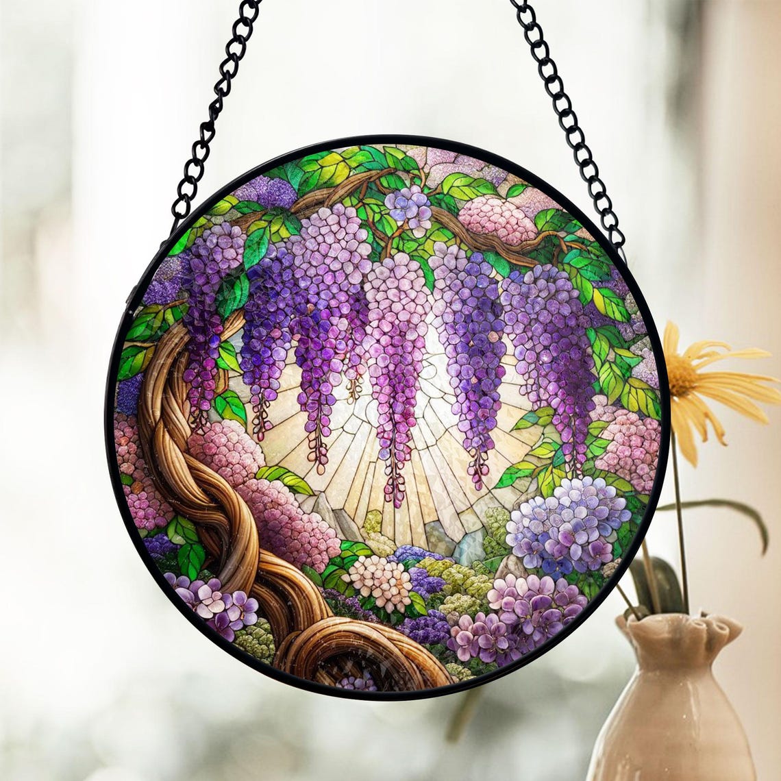 Wisteria Tree Stained Glass Suncatcher – Vibrant Purple Floral Window Hanging
