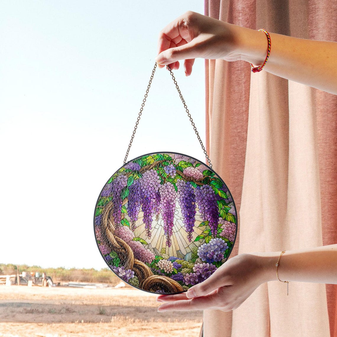 Wisteria Tree Stained Glass Suncatcher – Vibrant Purple Floral Window Hanging