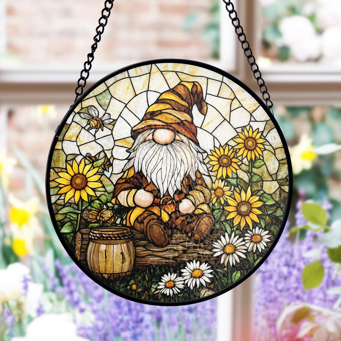 Gnome Stained Glass Suncatcher – Sunflower Garden