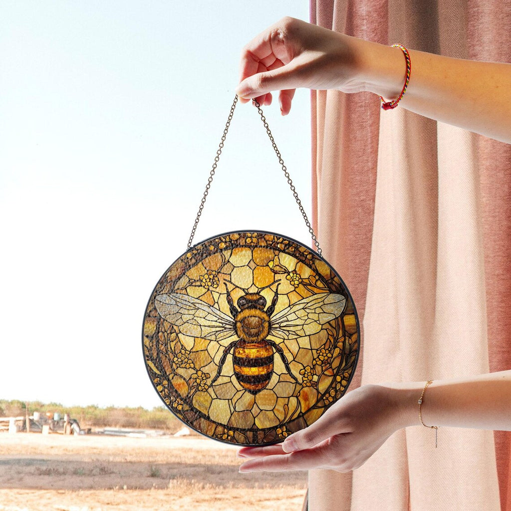 Bee Stained Glass Suncatcher – Honeycomb Window Art for Garden Lovers