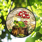 Frog and Mushroom Stained Glass Suncatcher – Whimsical Forest Window Decor