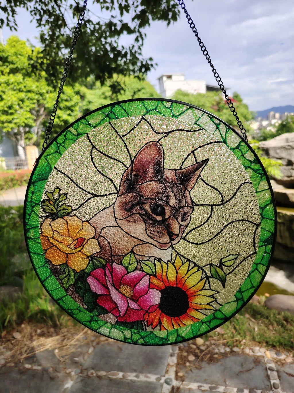 Custom Pet Portrait Stained Glass Suncatcher – Personalized Dog or Cat Window Art