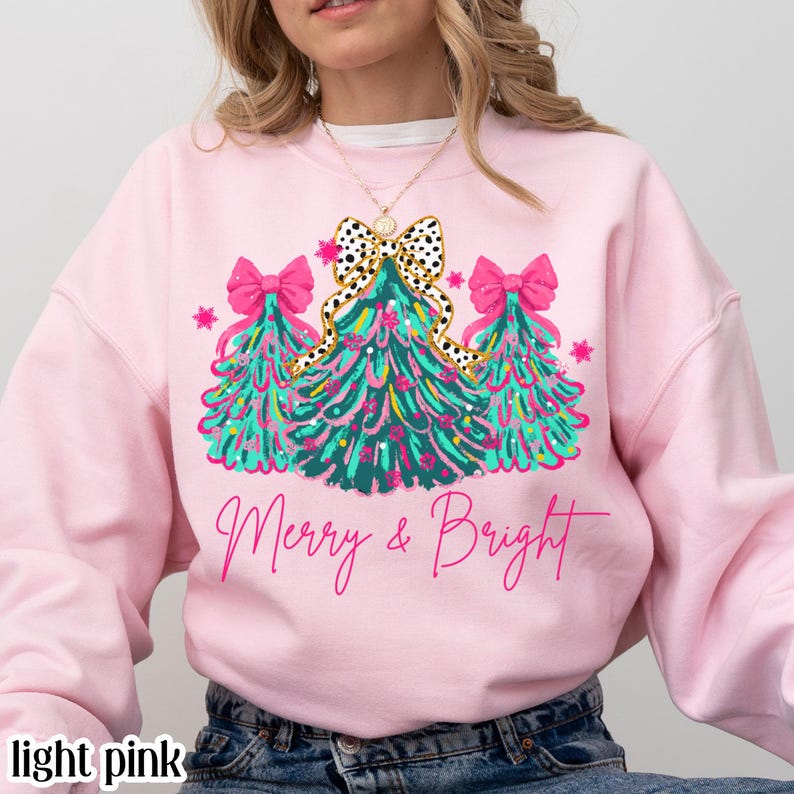 Merry & Bright Pink Christmas Tree Sweatshirt - 1