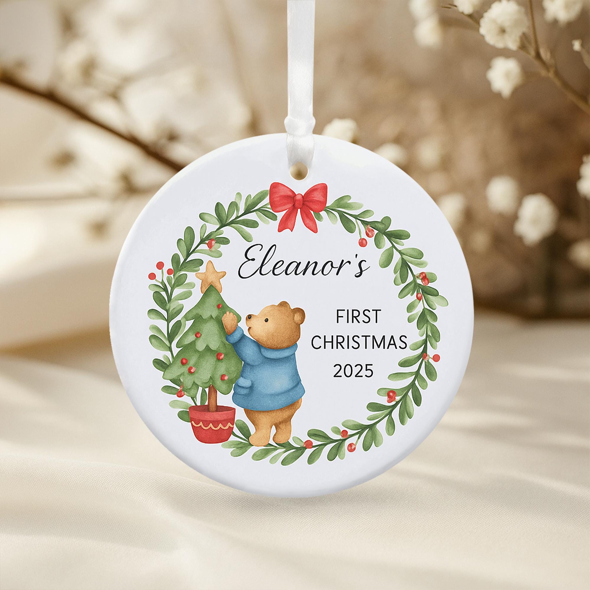 Custom Baby’s First Christmas Ornament – Teddy Wreath - 1