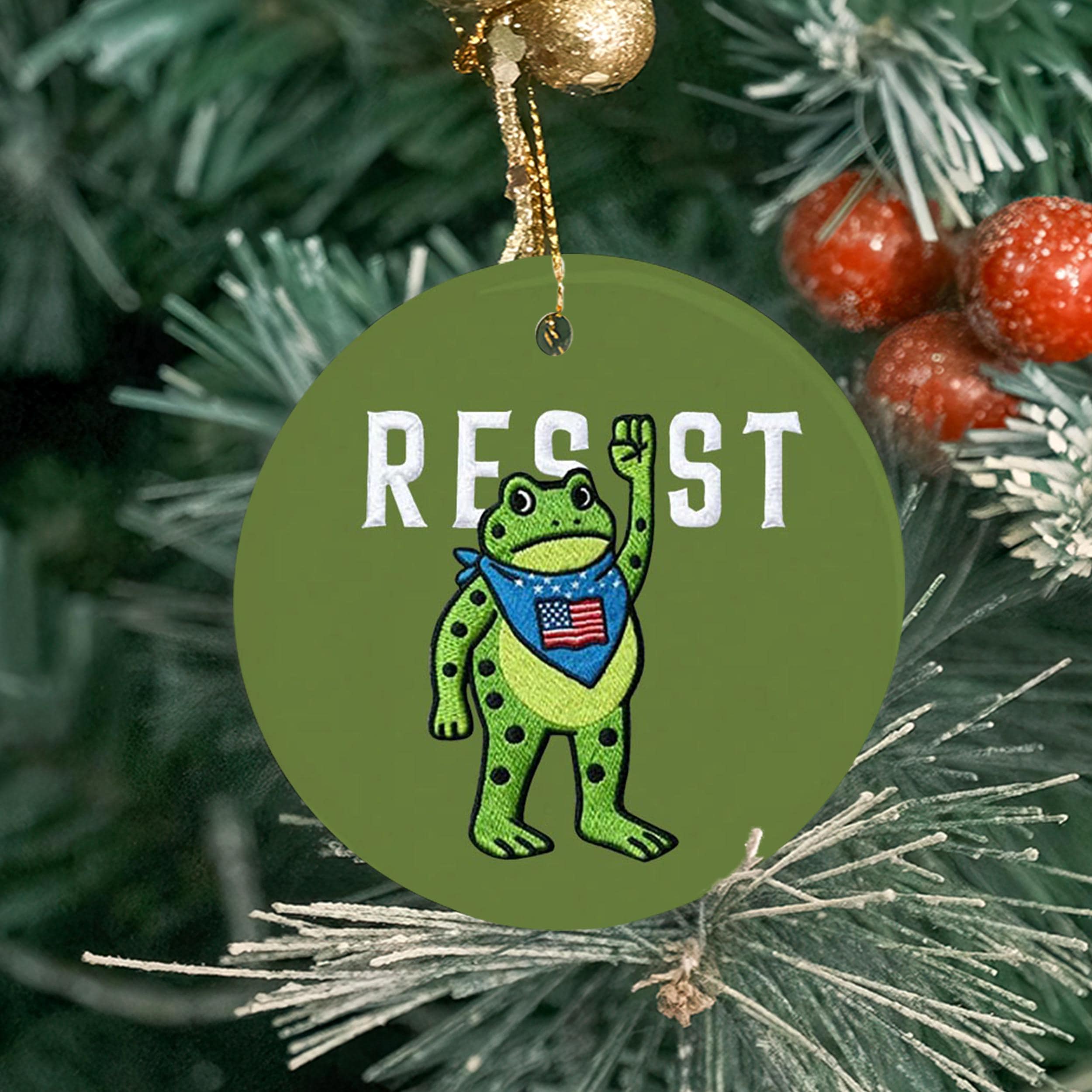 Resist Frog Round Christmas Ornament - 1
